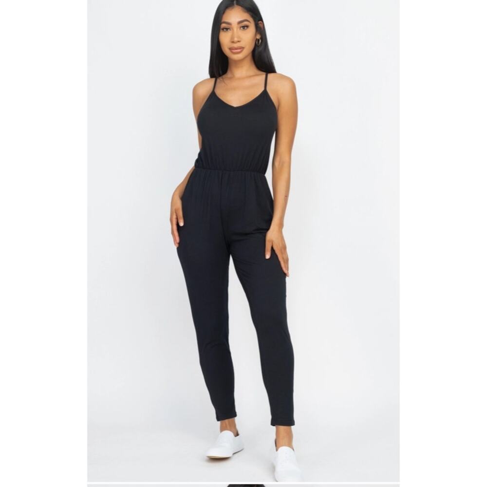 Capella Apparel Solid Spaghetti Strap Jumpsuit | Black | Size Small